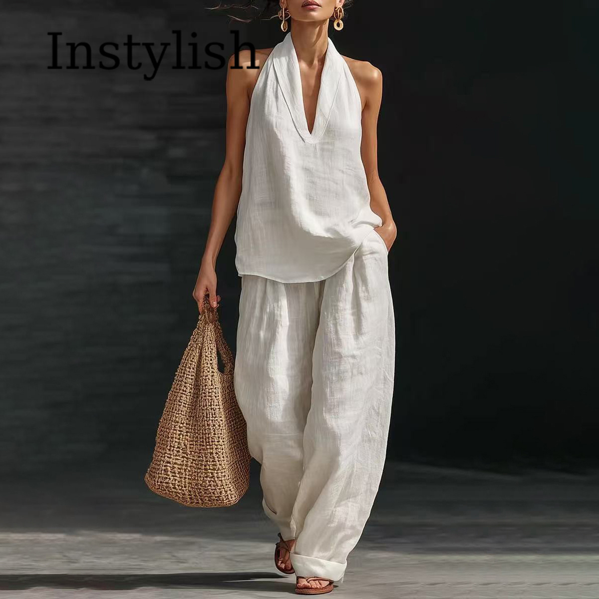 Linen Pant Wide - Летний женский повседневный льняной костюм-двойка: топ